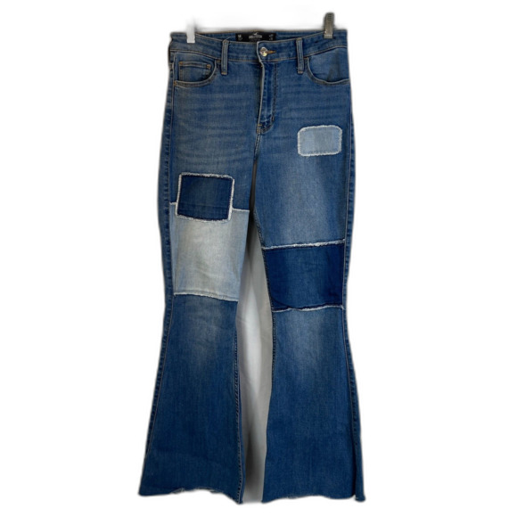 Hollister Patchy Patchwork Flare Leg Denim Jeans Raw Hem High Rise JRS SZ 5R-27 - Picture 10 of 10
